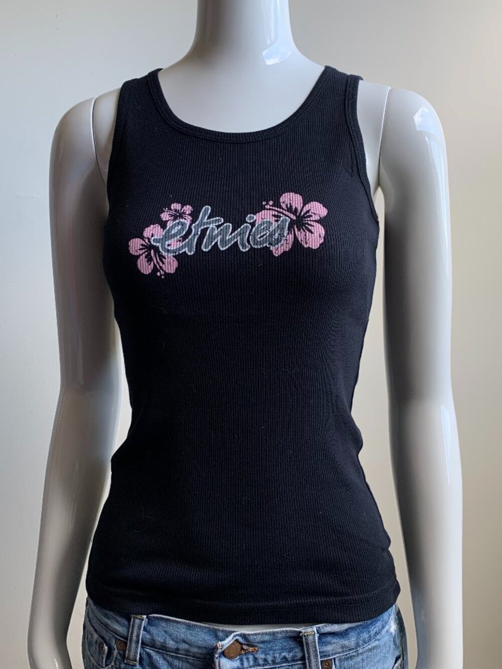 Etnies skate black cotton ribbed tank top pink floral logo